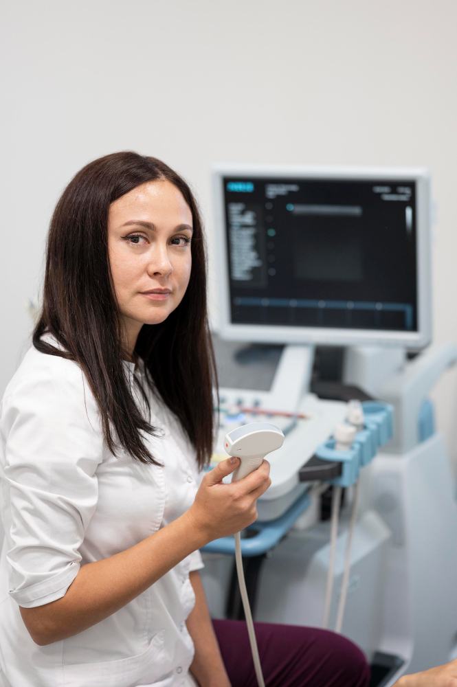 Cardiac sonographer beside an echocardiography machine